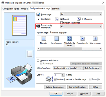 figure : Format papier imprimante dans l'onglet Configuration de la page