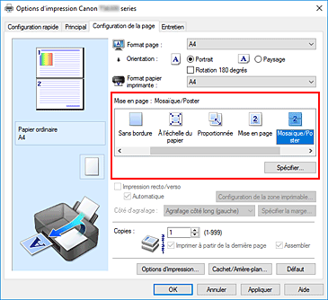 figure : Sélectionnez Mosaïque/Poster comme Mise en page dans l'onglet Configuration de la page.