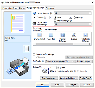 gambar: Ukuran Kertas Pencetak pada tab Pengesetan Halaman