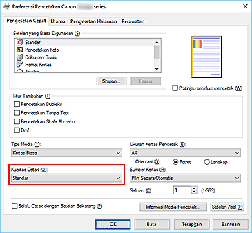 gambar: Kualitas Cetak pada tab Pengesetan Cepat