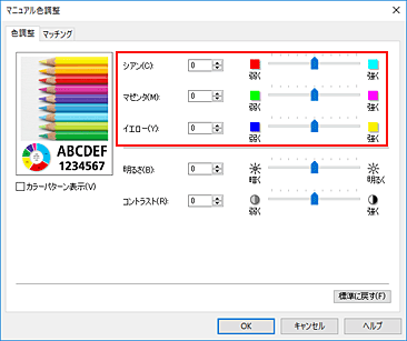 図：［マニュアル色調整］ダイアログボックスのカラーバランス