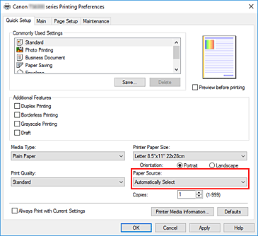 slika: možnost Paper Source na kartici Quick Setup