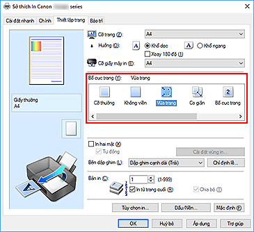 hình: Chọn Vừa trang cho Bố cục trang trên tab Thiết lập trang