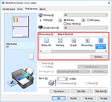 hình: Chọn Ghép ô/Áp phích cho Bố cục trang trên tab Thiết lập trang
