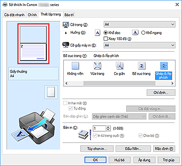 hình: Xem trước Cài đặt được hiển thị trên tab Thiết lập trang