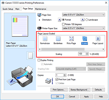 figura:Selectarea Scaled pentru Page Layout din fila Page Setup