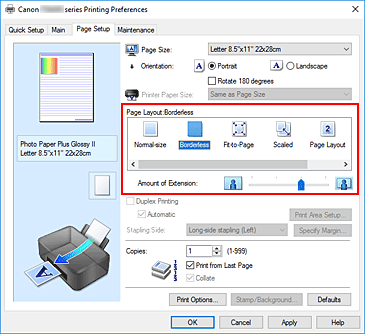 slika: v nastavitvi Page Layout na kartici Page Setup izberite Borderless