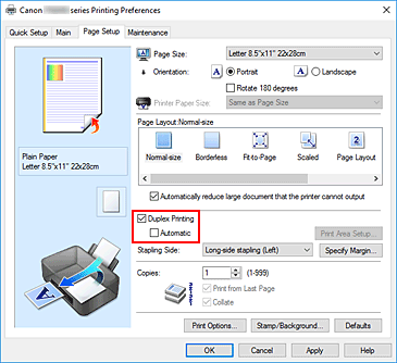 slika: potrditveno polje Duplex Printing na kartici Page Setup