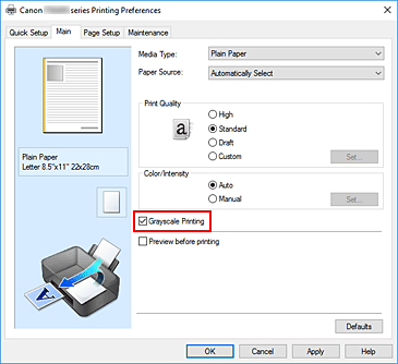 slika: potrditveno polje Grayscale Printing na kartici Main