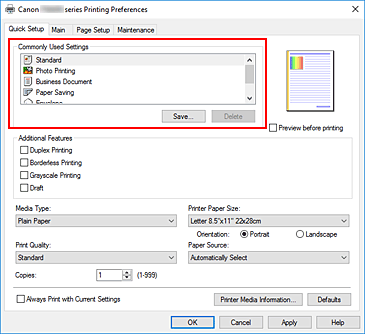 slika: možnost Commonly Used Settings na kartici Quick Setup