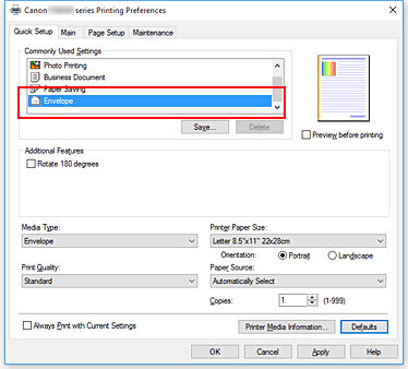 figure:Select Envelope from Commonly Used Settings on the Quick Setup tab