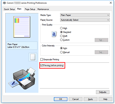 figure:Preview before printing check box on the Main tab