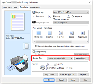 figure:Stapling Side on the Page Setup tab