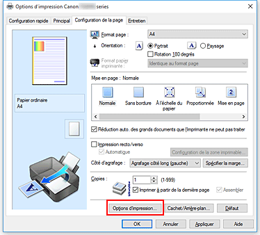 figure : Options d'impression... dans l'onglet Configuration de la page