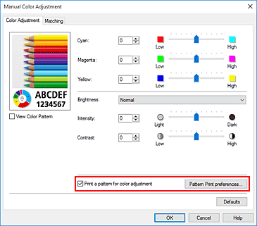 Abbildung: Aktivieren von "Muster für Farbanpassung drucken" auf der Registerkarte "Farbeinstellung"