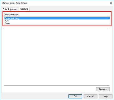 figure:Select Driver Matching for Color Correction in the Manual Color Adjustment dialog box