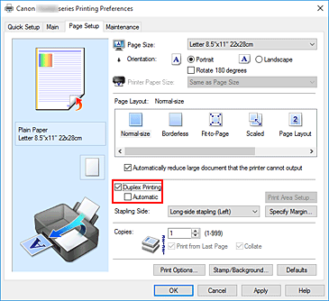 Imagen: casilla de verificación Impresión a doble cara de la ficha Configurar página