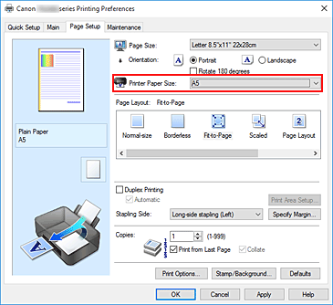 Imagen: Tamaño del papel de la impresora de la ficha Configurar página