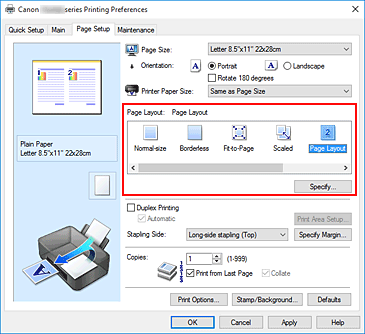 Imagen: selección de Diseño de página en Formato de página de la ficha Configurar página