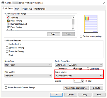 Imagen: Fuente de papel de la ficha Configuración rápida