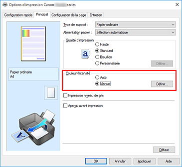figure : Sélectionnez Manuel pour Couleur/Intensité dans l'onglet Principal.