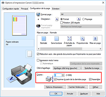 figure : Copies dans l'onglet Configuration de la page