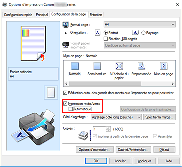 figure : Case à cocher Impression recto/verso dans l'onglet Configuration de la page