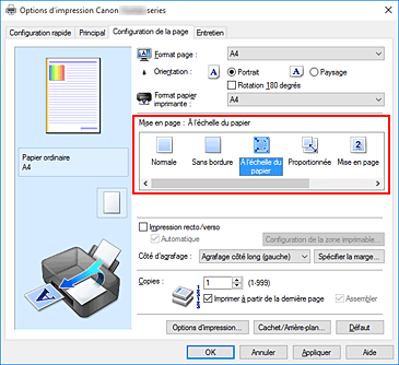 figure : Sélectionnez À l'échelle du papier comme Mise en page dans l'onglet Configuration de la page.