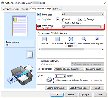 figure : Format papier imprimante dans l'onglet Configuration de la page