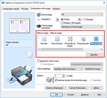 figure : Sélectionnez Mise en page comme Mise en page dans l'onglet Configuration de la page