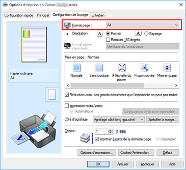 figure : Format page dans l'onglet Configuration de la page