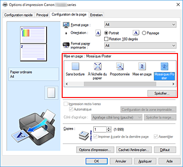 figure : Sélectionnez Mosaïque/Poster comme Mise en page dans l'onglet Configuration de la page.