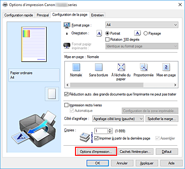 figure : Options d'impression... dans l'onglet Configuration de la page