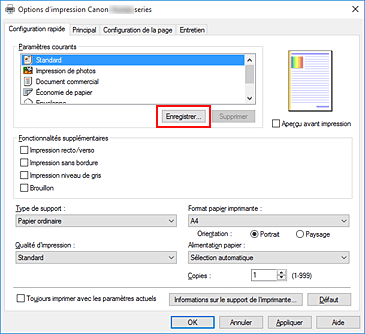 figure : Enregistrer... dans l'onglet Configuration rapide