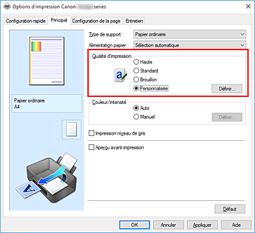 figure : Dans l'onglet Principal, sélectionnez Personnalisée pour Qualité d'impression
