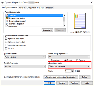 figure : Alimentation papier dans l'onglet Configuration rapide