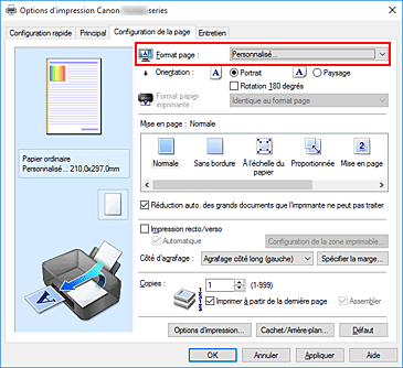 figure : Sélectionnez Personnalisé pour Format page dans l'onglet Configuration de la page.