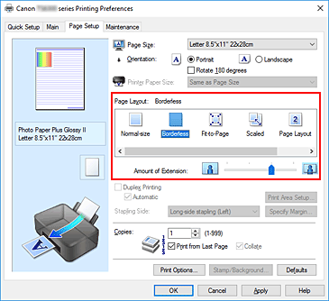 figure:Select Borderless for Page Layout on the Page Setup tab