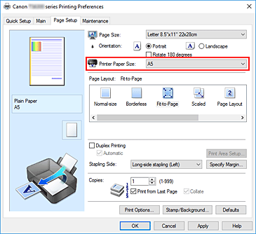 figure:Printer Paper Size on the Page Setup tab