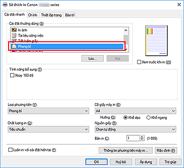 hình: Chọn Phong bì từ Cài đặt thường dùng trên tab Cài đặt nhanh