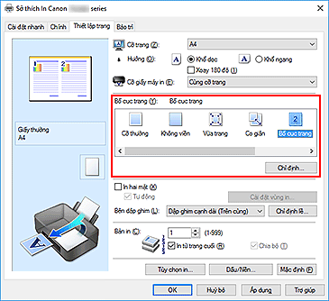 hình: Chọn Bố cục trang cho Bố cục trang trên tab Thiết lập trang