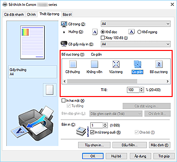 hình: Chọn Co giãn cho Bố cục trang trên tab Thiết lập trang