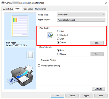 figure:Select on the Main tab, select Custom for Print Quality