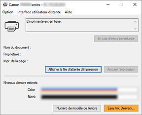 figure&nbsp;: Écran d'état d'imprimante Canon IJ