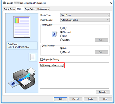 фигура: Квадратче за отметка &bdquo;Preview before printing&rdquo; в раздела &bdquo;Main&rdquo;