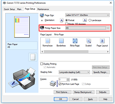 Abbildung: "Druckerpapierformat" auf der Registerkarte "Seite einrichten"