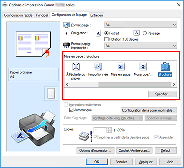 figure : Sélectionnez Brochure comme Mise en page dans l'onglet Configuration de la page.