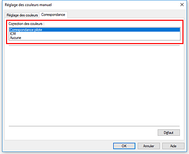 figure : Sélectionnez Correspondance pilote pour Correction des couleurs dans la boîte de dialogue Réglage des couleurs manuel.