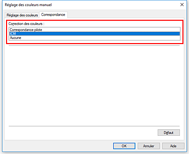 figure : Sélectionnez ICM pour Correction des couleurs dans la boîte de dialogue Réglage des couleurs manuel.