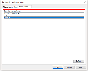figure : Sélectionnez Aucune pour Correction des couleurs dans la boîte de dialogue Réglage des couleurs manuel.